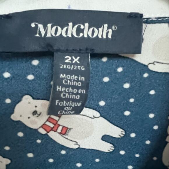 Modcloth Positive First Impressions Tie Neck Blouse 2X Blue Polar Bear Retro - Picture 9 of 10